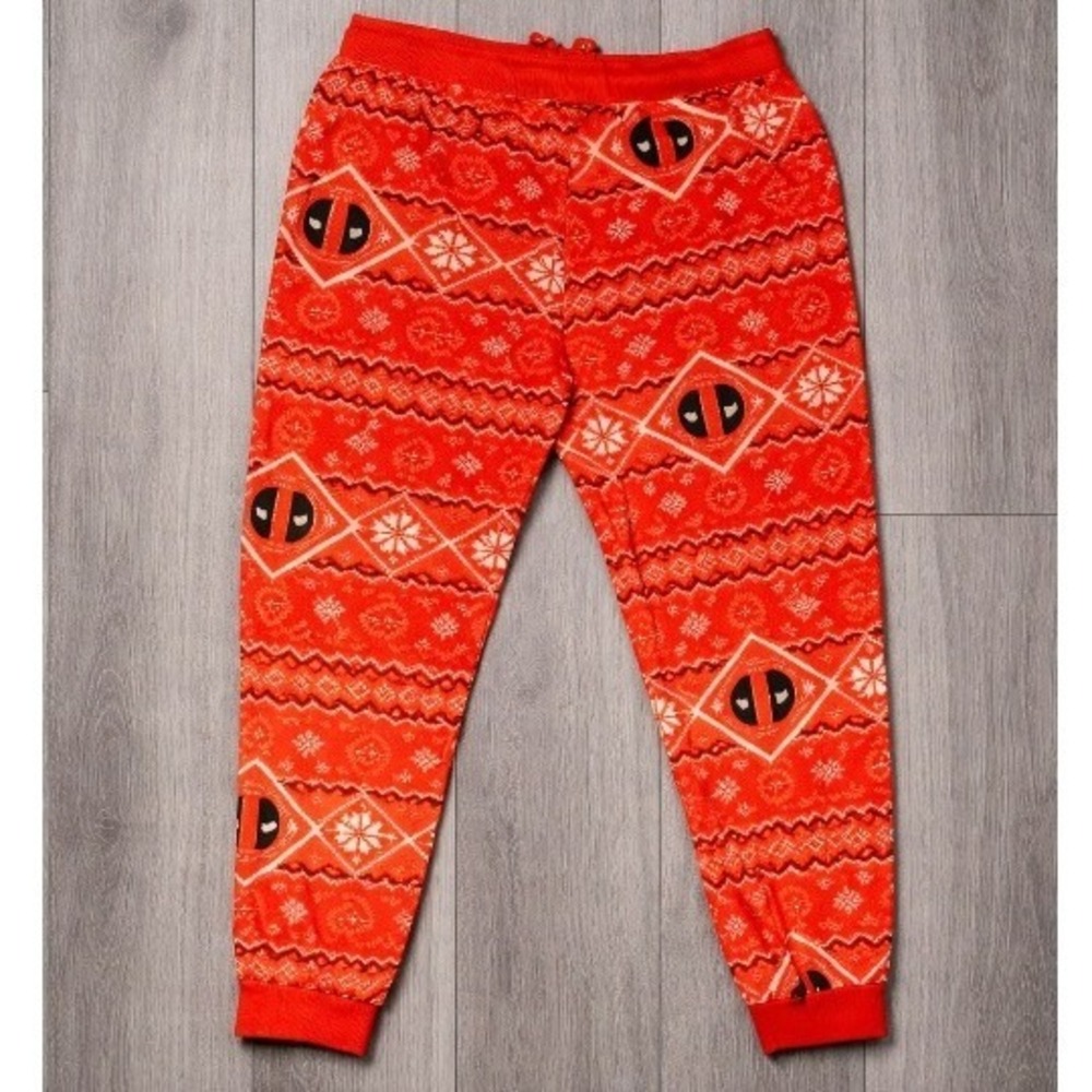 Marvel Deadpool Men's Large Red Fleece Pajama Joggers Pants Holiday Pattern - Picture 2 of 11